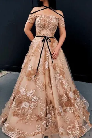 A-line Off The Shoulder Lace Appliques Unique Long Prom Dress OKF26