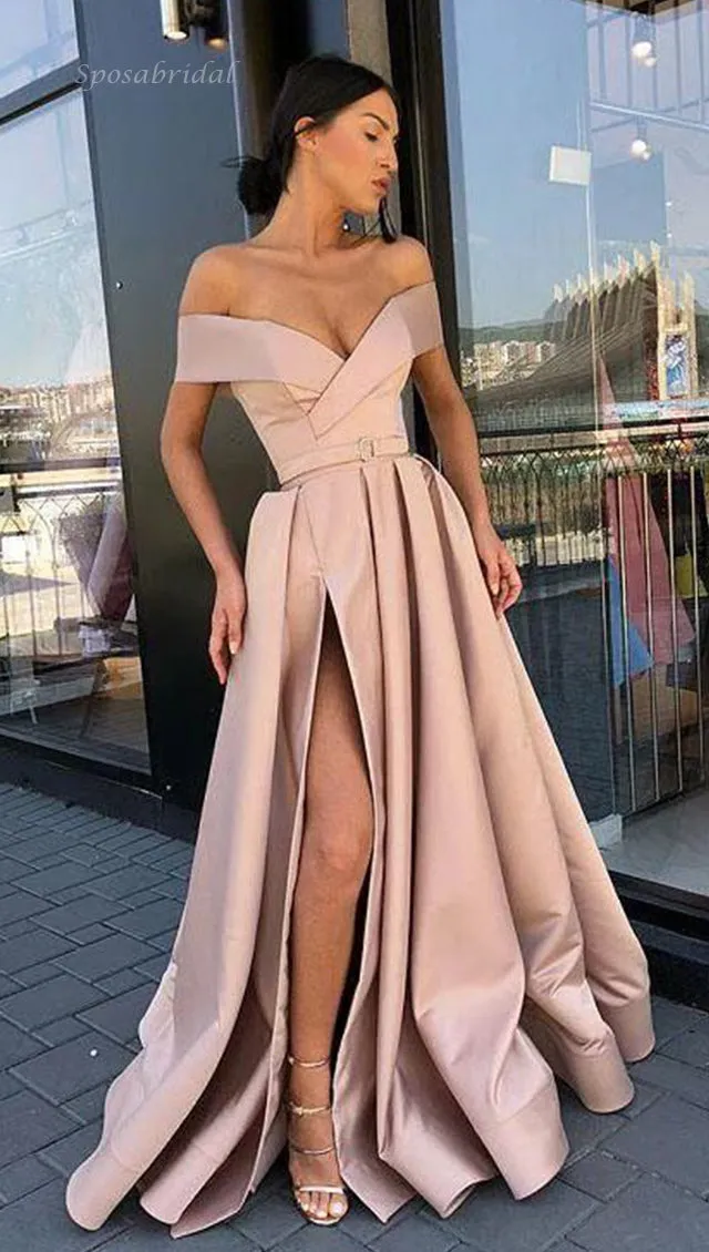 A-line Off the Shoulder Modest Side Split Red Unique Prom Dresses, PD0877
