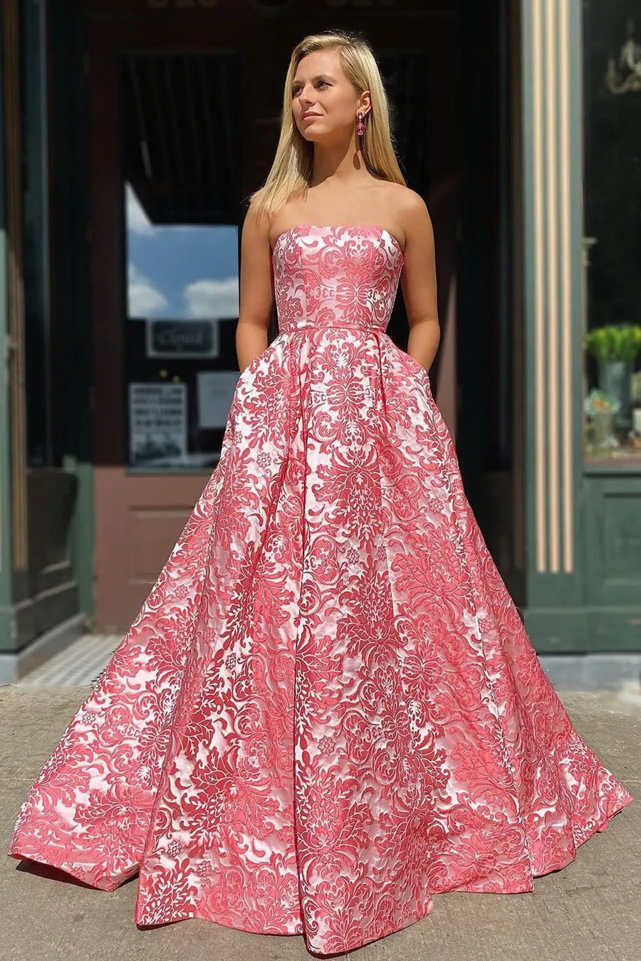 A-line Strapless Modest Cheap Long Prom Dress With Pockets Unique Evening Dress OKX33