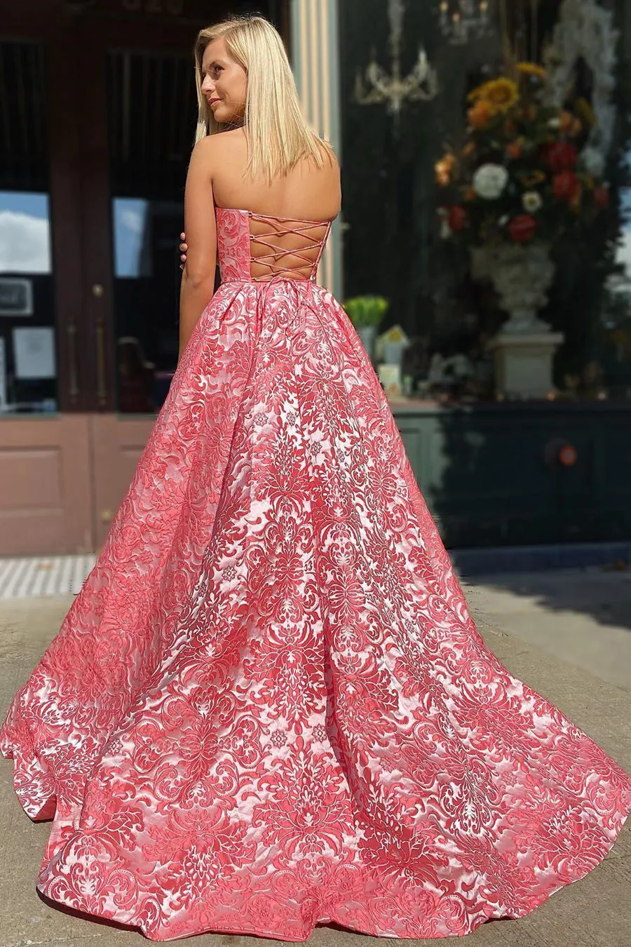 A-line Strapless Modest Cheap Long Prom Dress With Pockets Unique Evening Dress OKX33