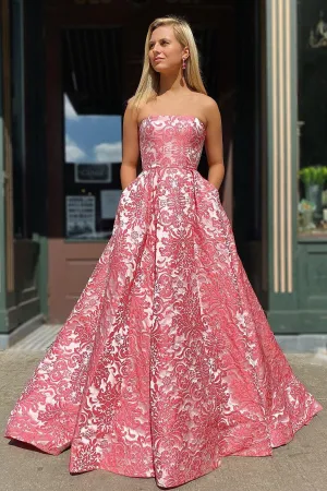 A-line Strapless Modest Cheap Long Prom Dress With Pockets Unique Evening Dress OKX33