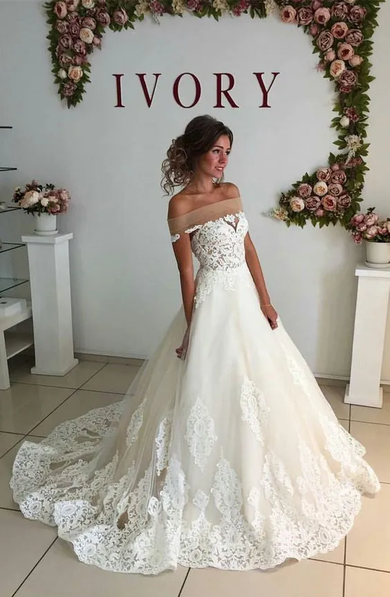 Affordable Lace Unique Off the Shoulder Online Charming Long Wedding Dresses, BG51585