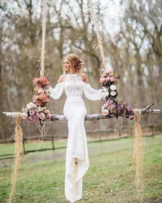 Affordable Unique Design Lace Top Long Sleeves Mermaid Long Wedding Dress, BG51581