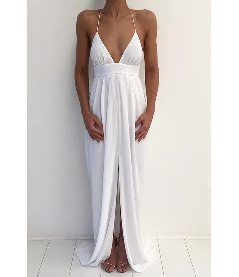 Beach Sexy Halter Unique Split White Cheap Simple Long Prom Dresses, BG51539