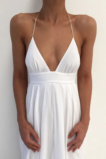 Beach Sexy Halter Unique Split White Cheap Simple Long Prom Dresses, BG51539