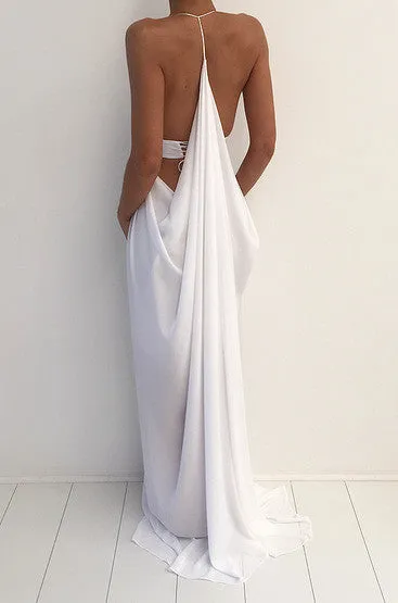 Beach Sexy Halter Unique Split White Cheap Simple Long Prom Dresses, BG51539