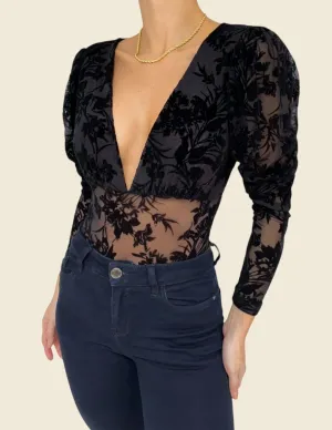Black Floral Damask Print Bodysuit with Deep V Neck