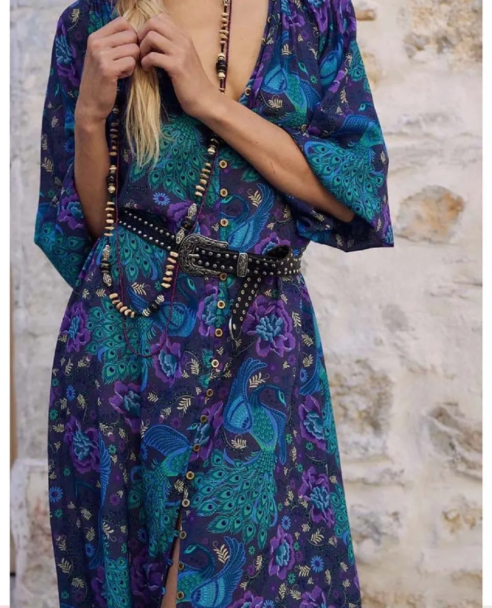 Bohème Button Midi Dress Baltic