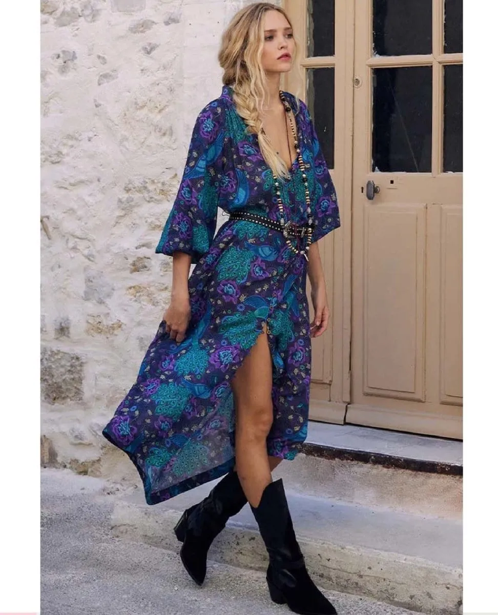 Bohème Button Midi Dress Baltic