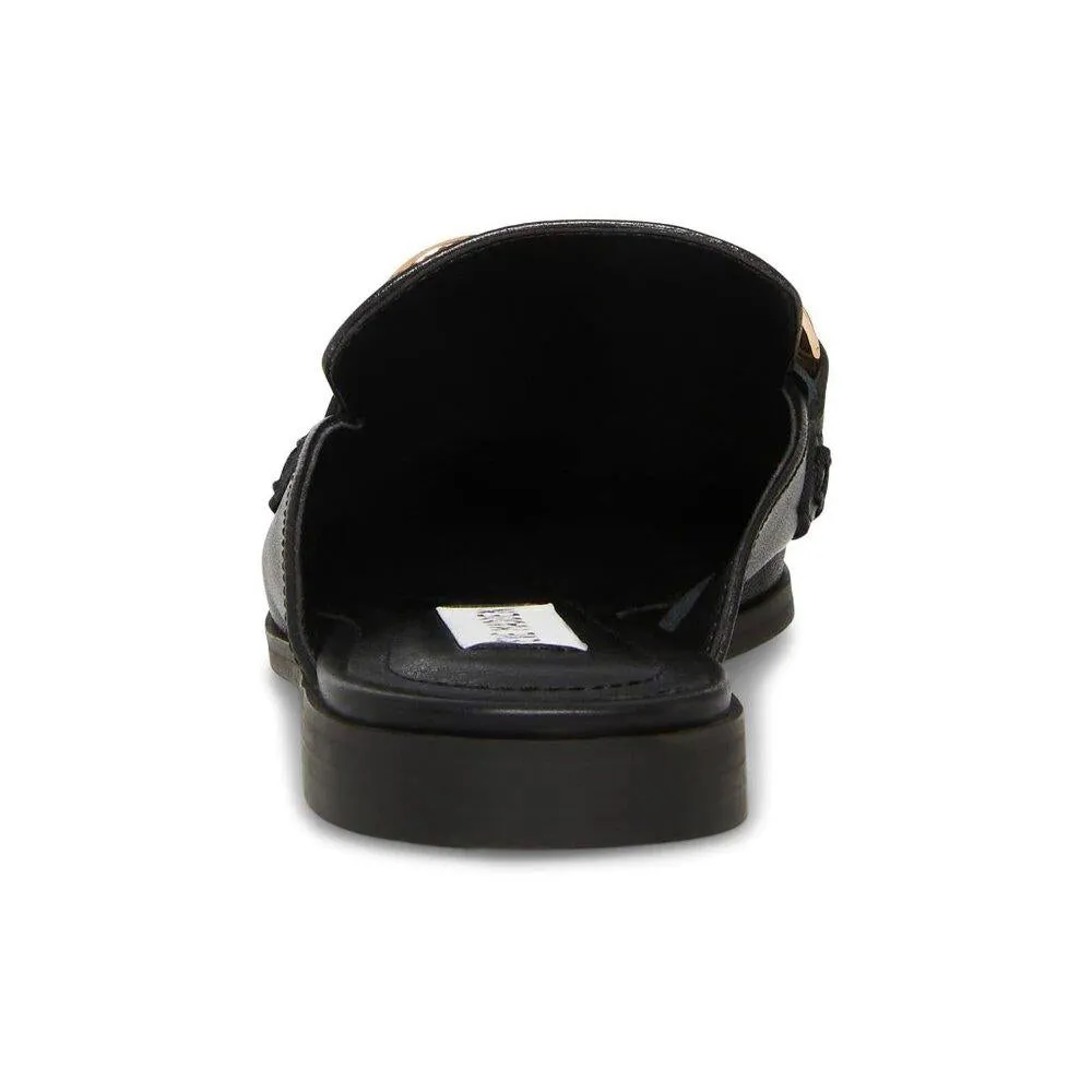 Cally Black Leather Chain Detail Slip On Flat Loafers