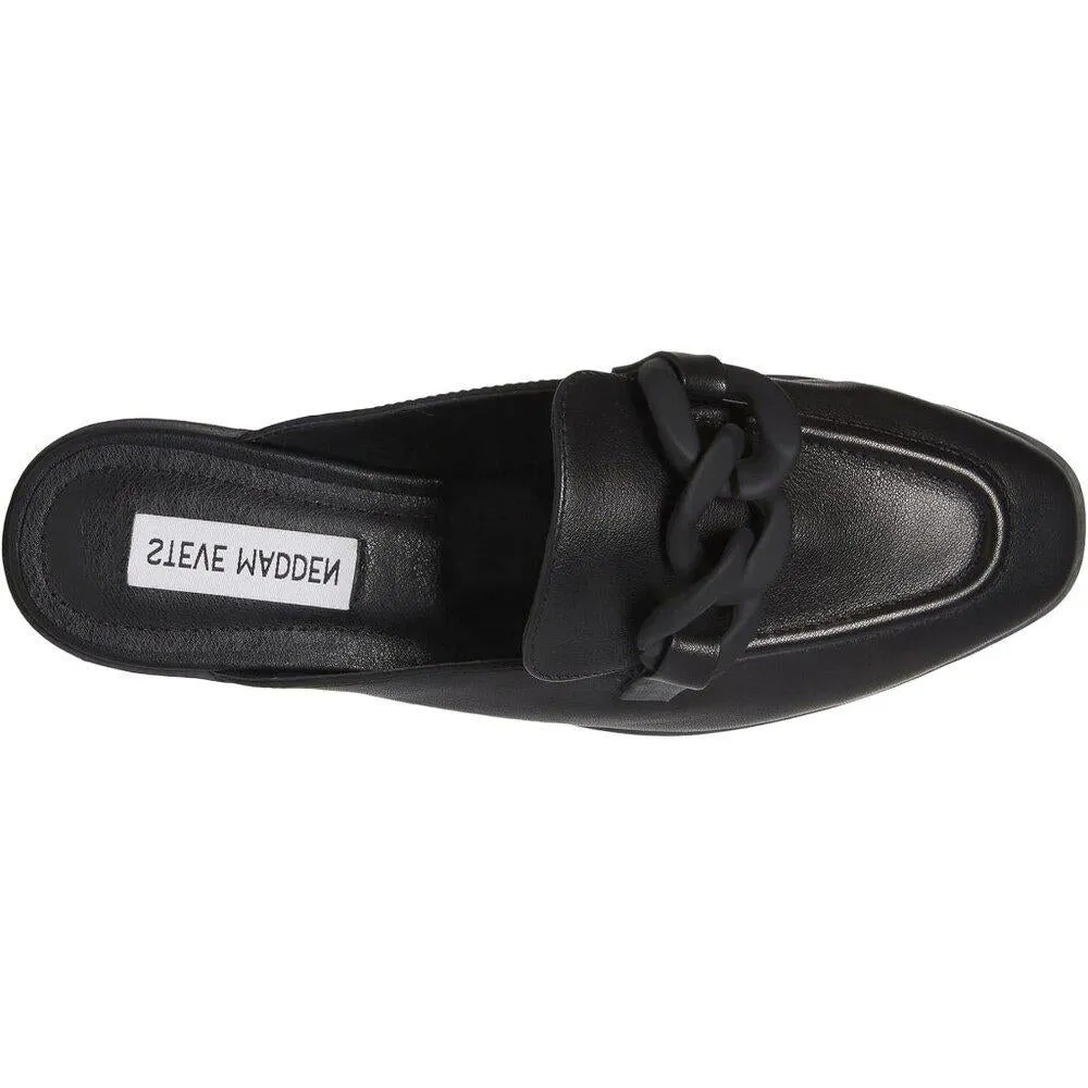Cally Black Leather Chain Detail Slip On Flat Loafers