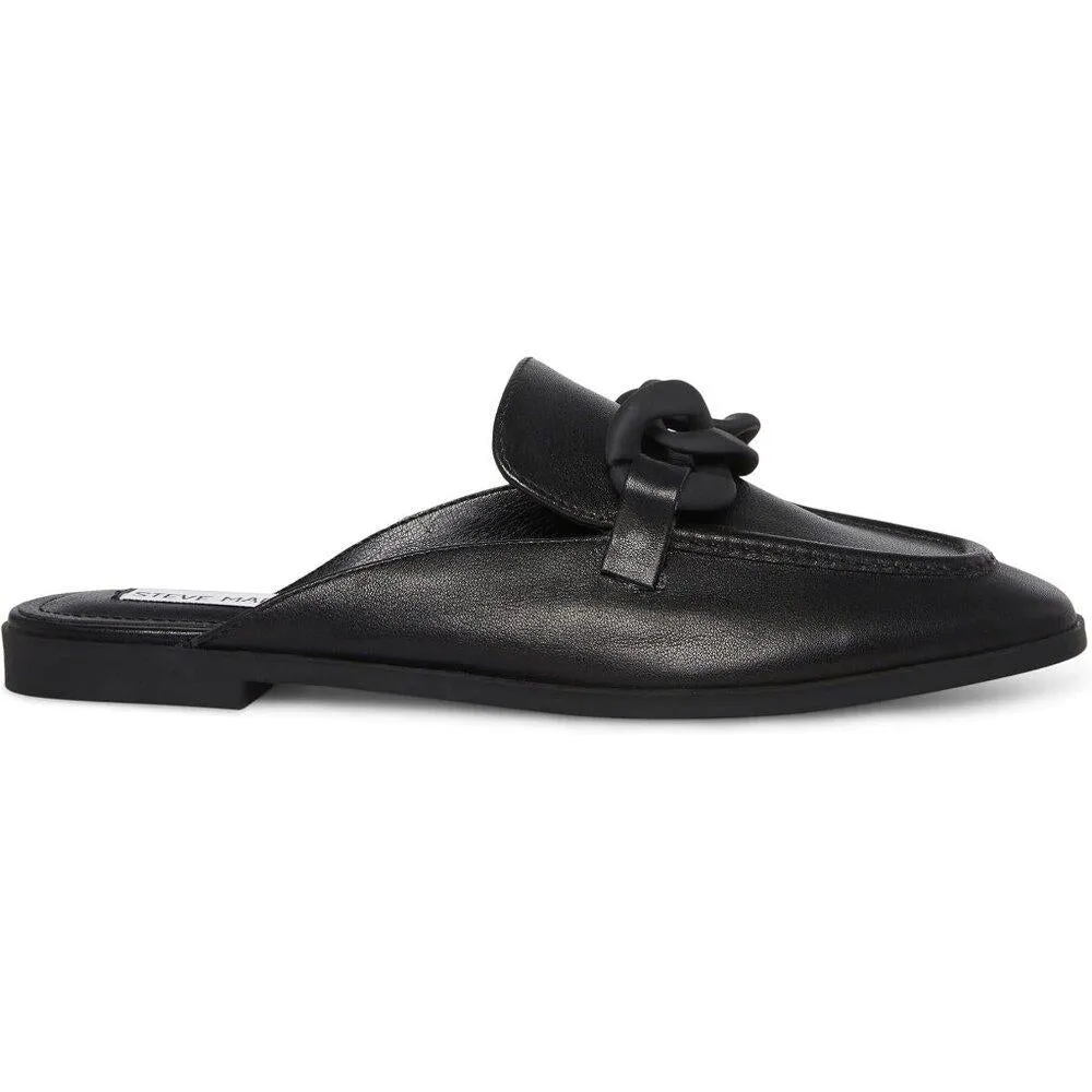 Cally Black Leather Chain Detail Slip On Flat Loafers