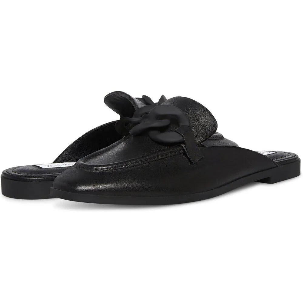 Cally Black Leather Chain Detail Slip On Flat Loafers