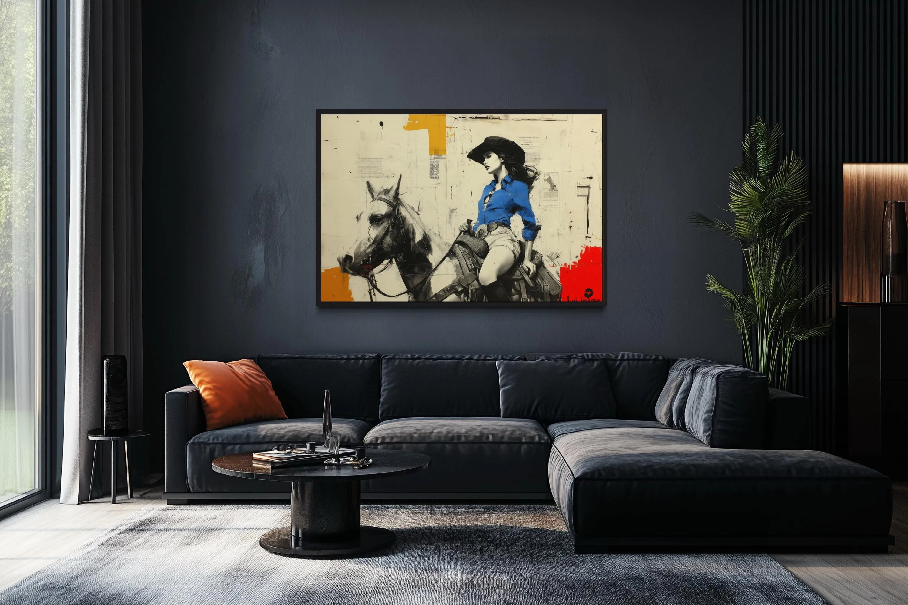 Cowgirl On Horse Graffiti Framed Canvas Wall Art