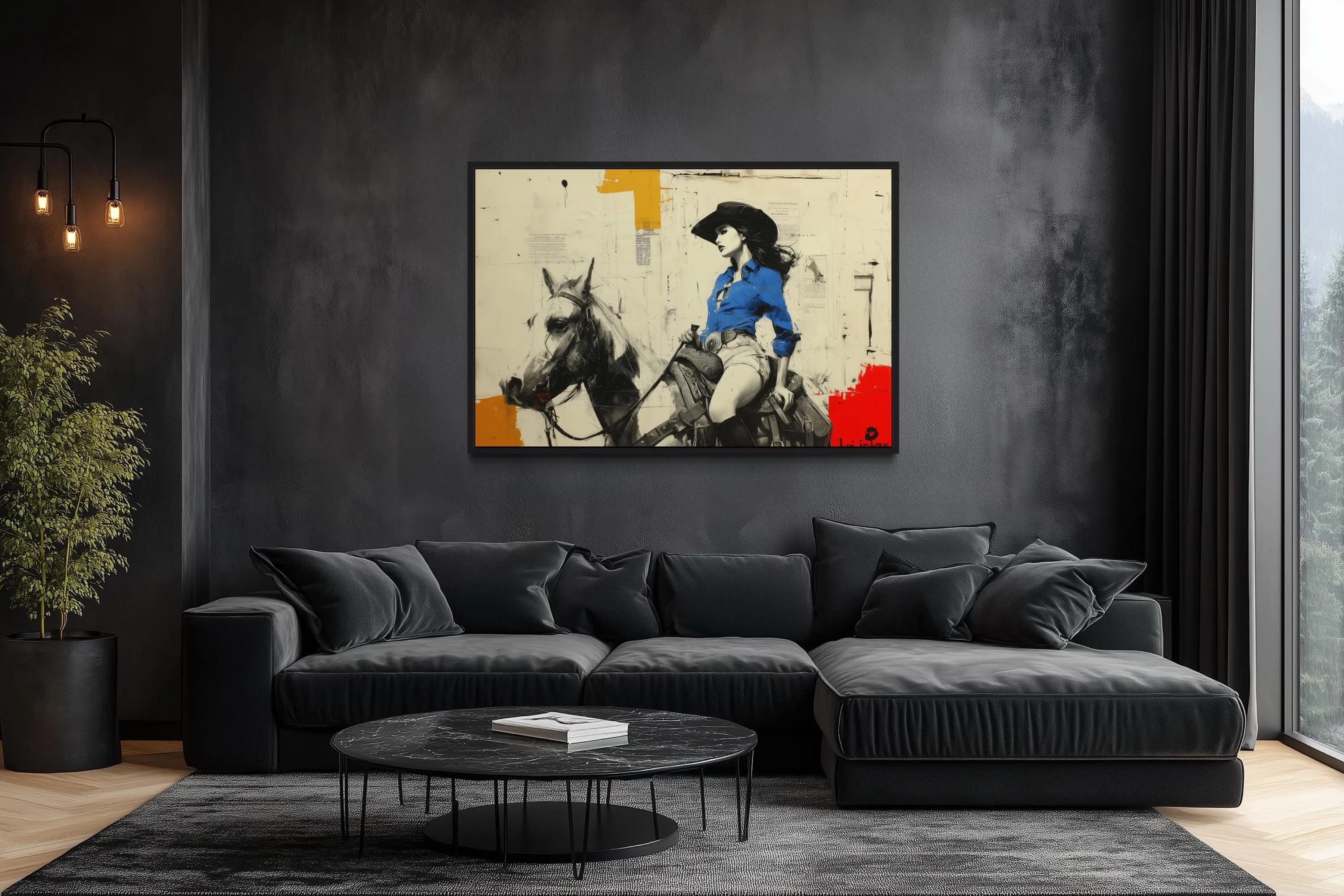 Cowgirl On Horse Graffiti Framed Canvas Wall Art