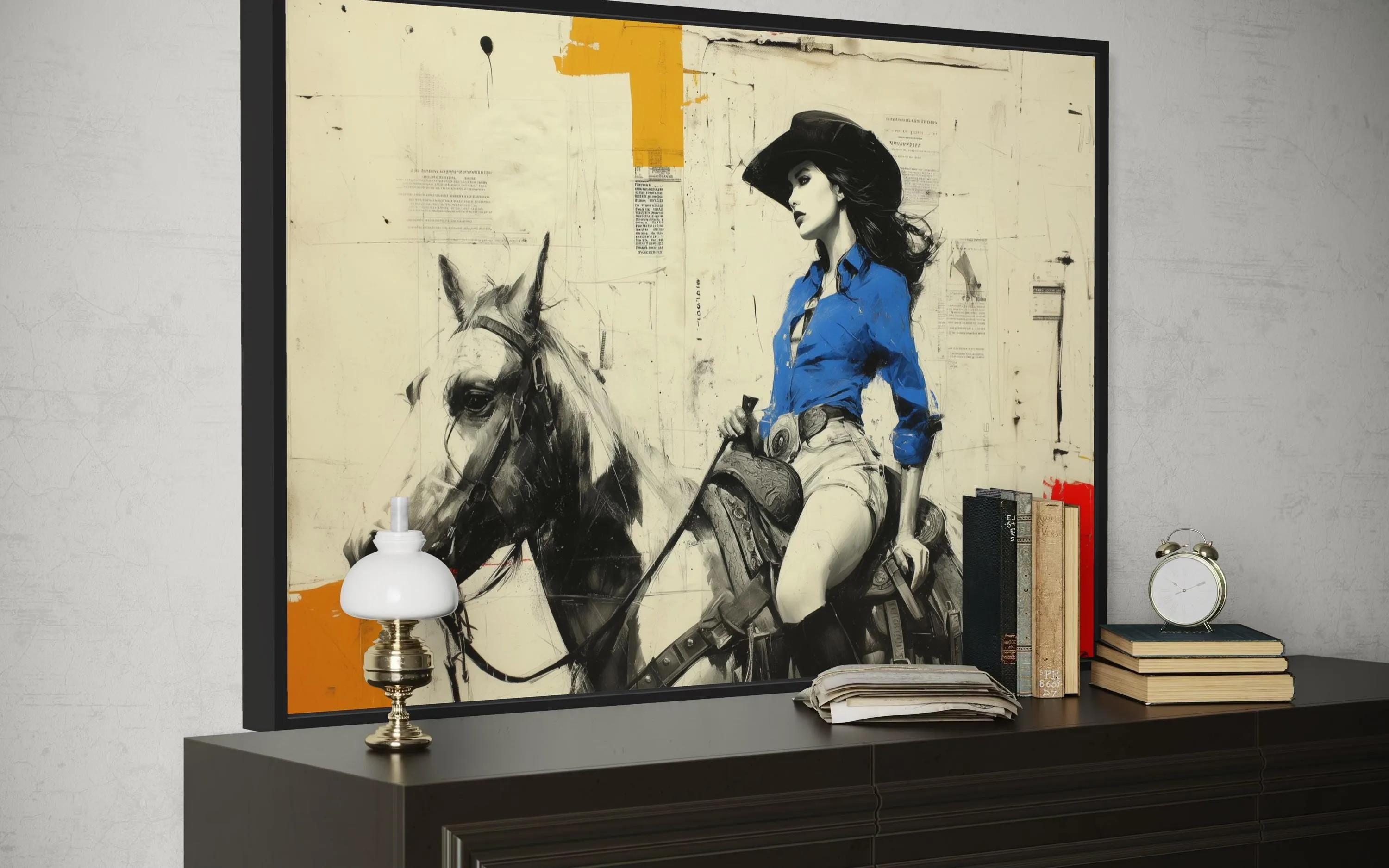 Cowgirl On Horse Graffiti Framed Canvas Wall Art
