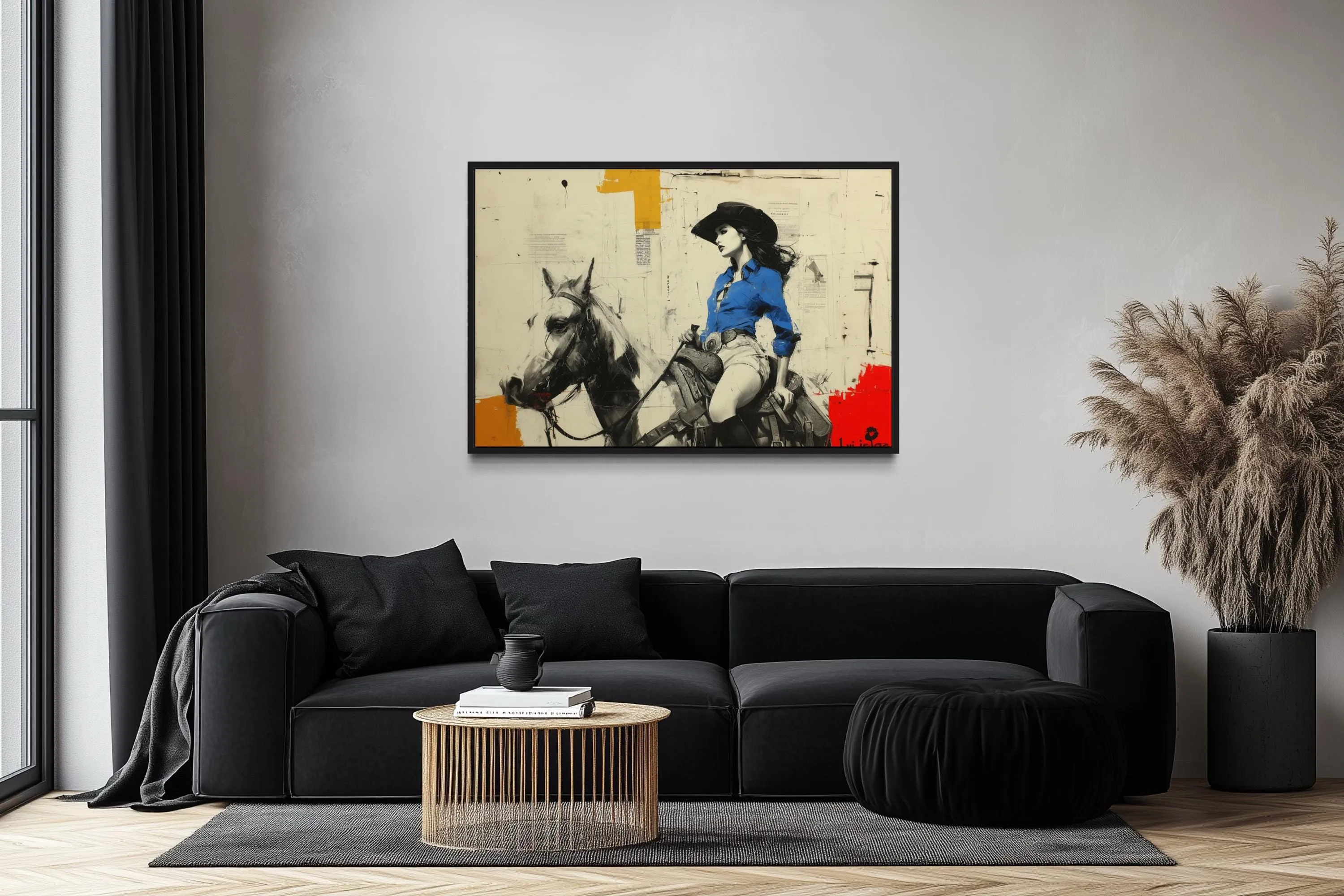 Cowgirl On Horse Graffiti Framed Canvas Wall Art