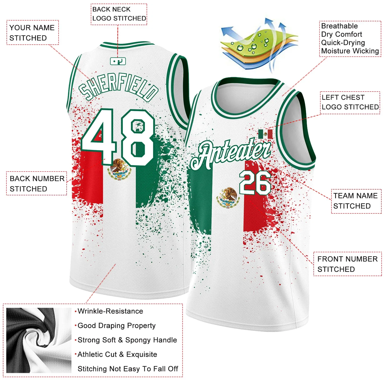 Custom White Kelly Green-Red 3D Mexican Flag Authentic Basketball Jersey