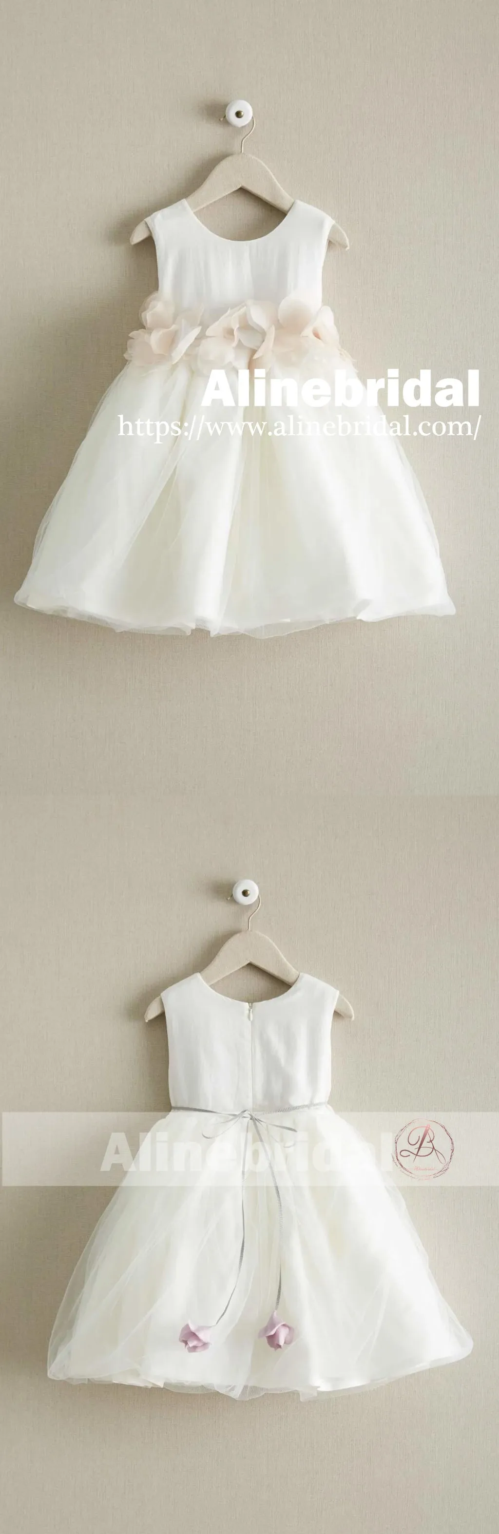 Dark Ivory Satin Tulle Sleeveless With Unique Flower Girl Dresses, FGS090