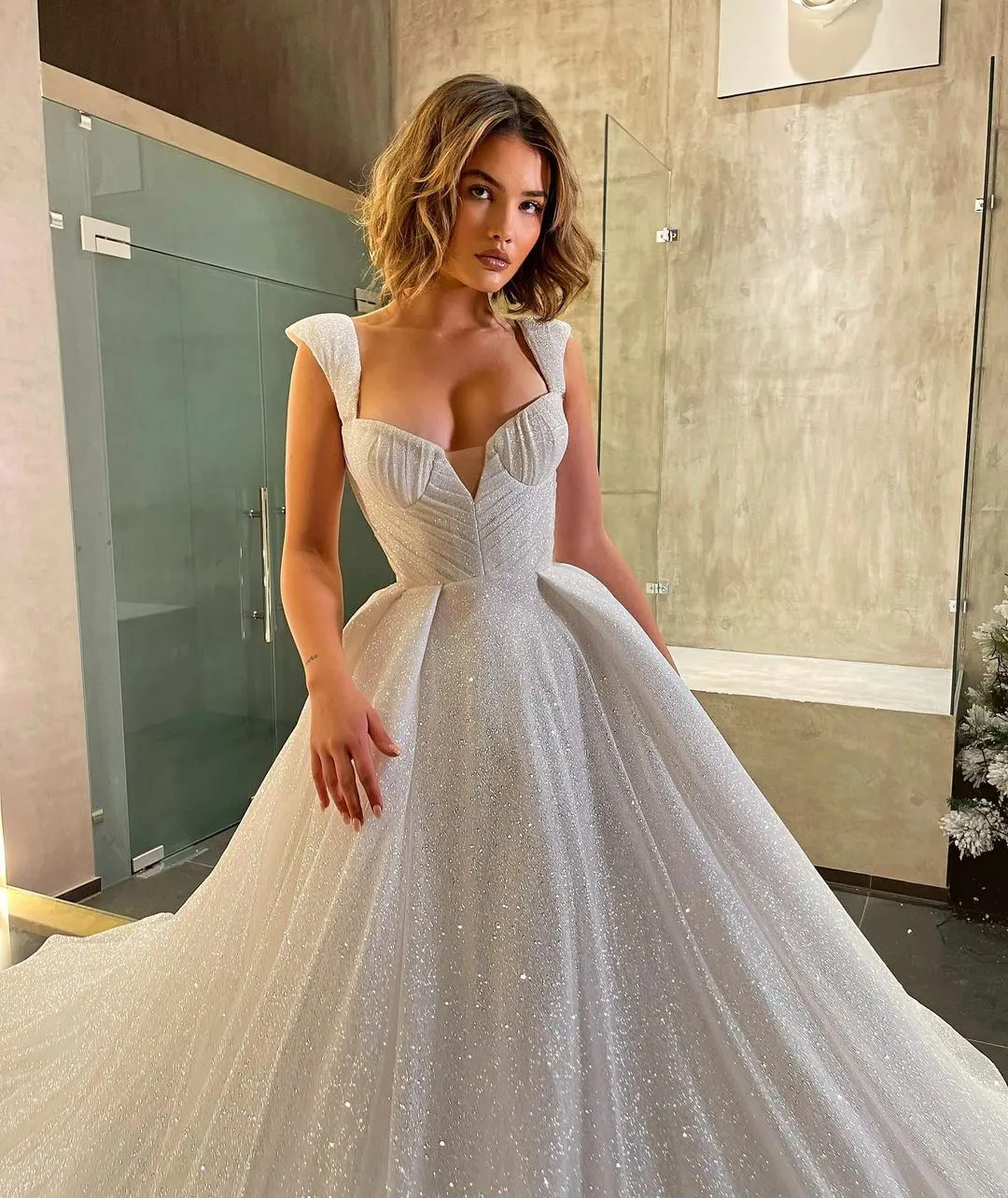 Elegant Unique Spaghetti Straps A-line Sparkly Wedding Dresses Online, WDY0243