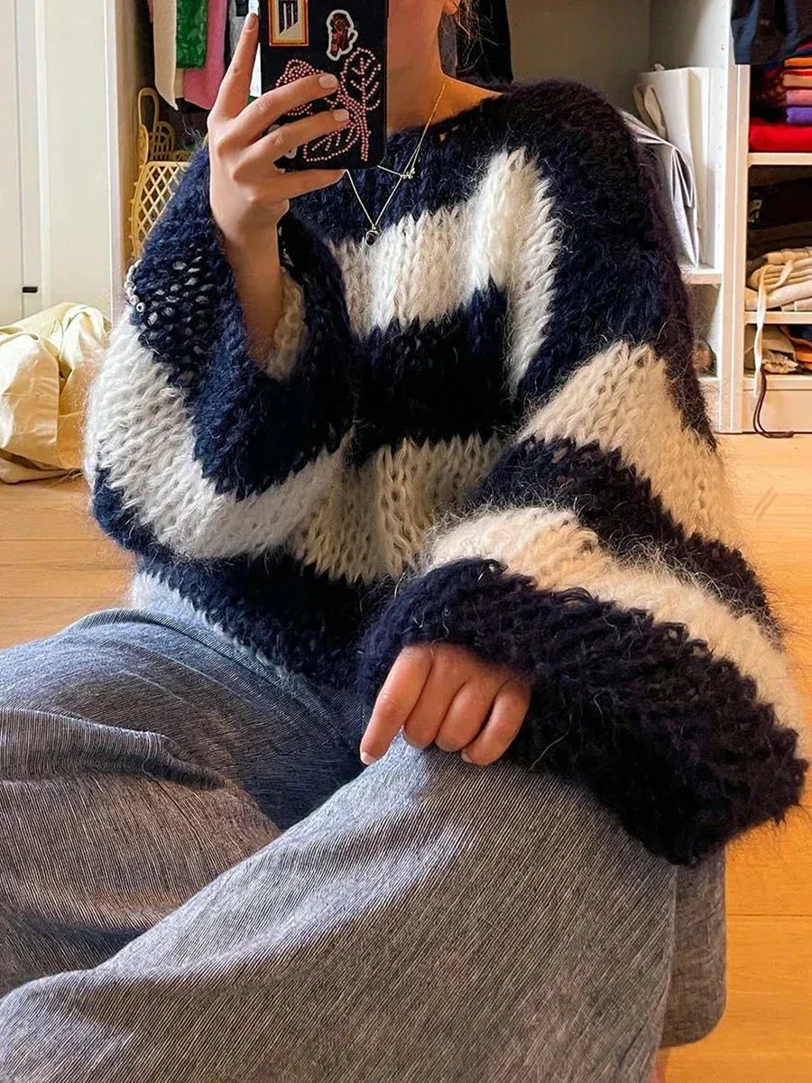 Fuzzy Striped Sweater | Acrylic Blend | Oversized Fit