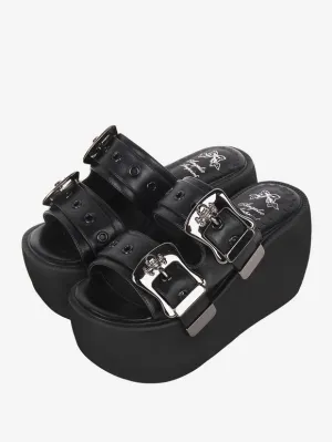 Gothic Lolita Sandals Round Toe PU Leather Black Lolita Summer Shoes