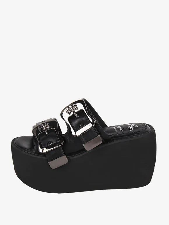 Gothic Lolita Sandals Round Toe PU Leather Black Lolita Summer Shoes