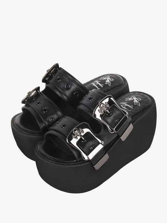 Gothic Lolita Sandals Round Toe PU Leather Black Lolita Summer Shoes