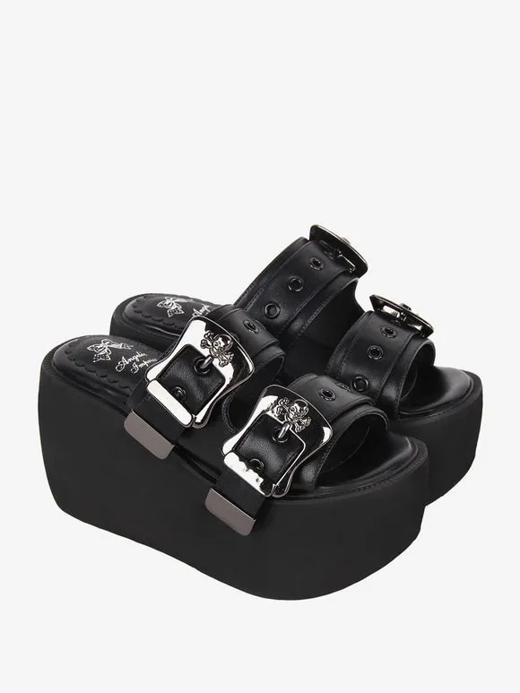 Gothic Lolita Sandals Round Toe PU Leather Black Lolita Summer Shoes