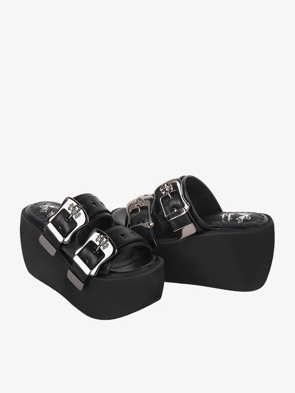 Gothic Lolita Sandals Round Toe PU Leather Black Lolita Summer Shoes