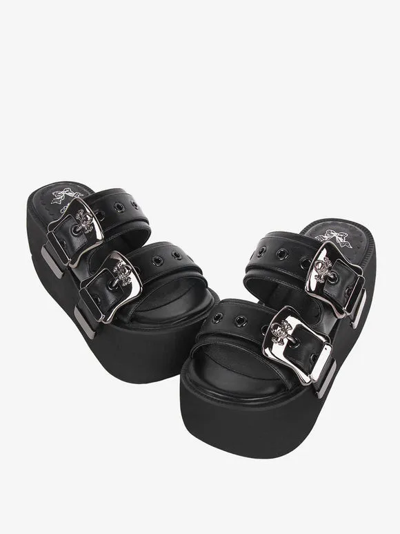 Gothic Lolita Sandals Round Toe PU Leather Black Lolita Summer Shoes