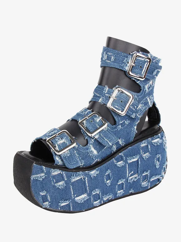 Gothic Lolita Sandals Round Toe Textile Deep Blue Lolita Summer Shoes