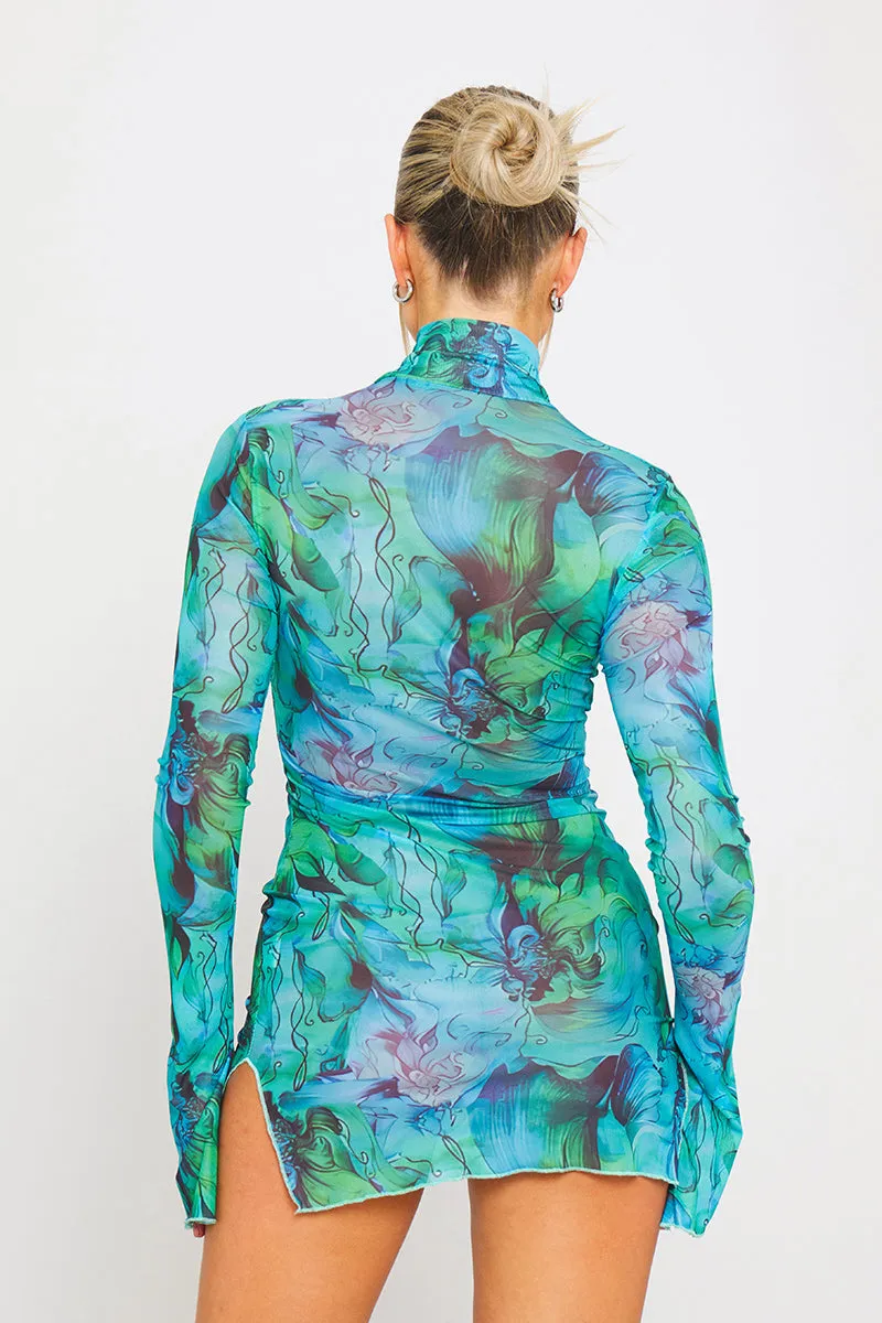 Green & Blue Sheer Mesh Mini Dress | Bold & Dreamy | Ethereal Chic