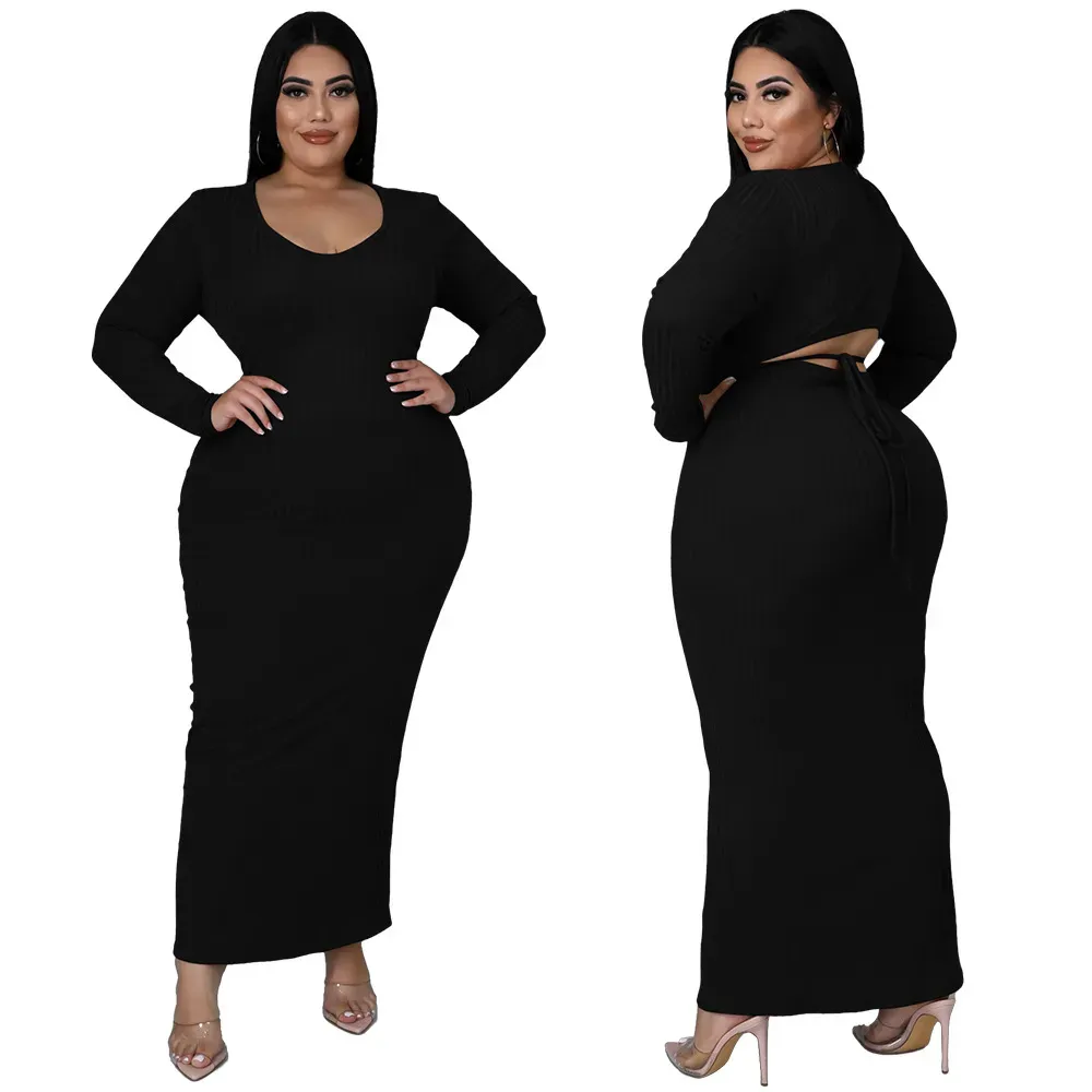 Helena Ribbed Tie-Back Long Sleeve Bodycon Maxi Dress
