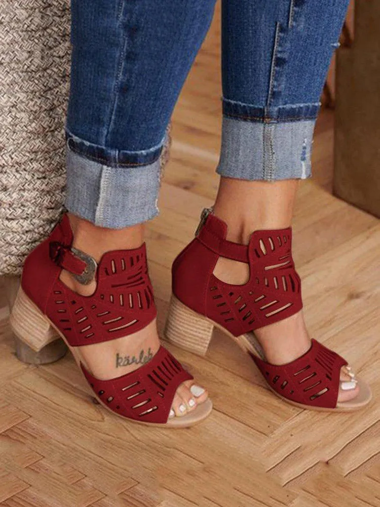 Hollow Out Chunky Heel Sandals