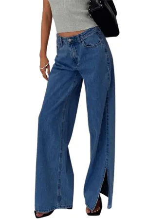HPT1271 Side-Slit Wide-Leg Jeans Pant