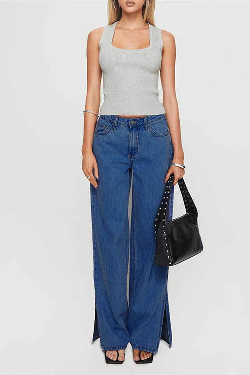 HPT1271 Side-Slit Wide-Leg Jeans Pant