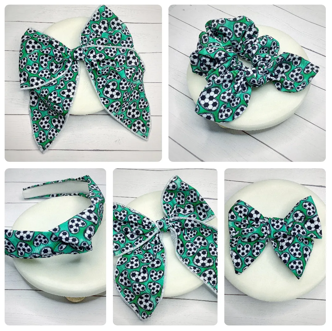 I Love Soccer Bow Strip, Headband and Scrunchie Collection