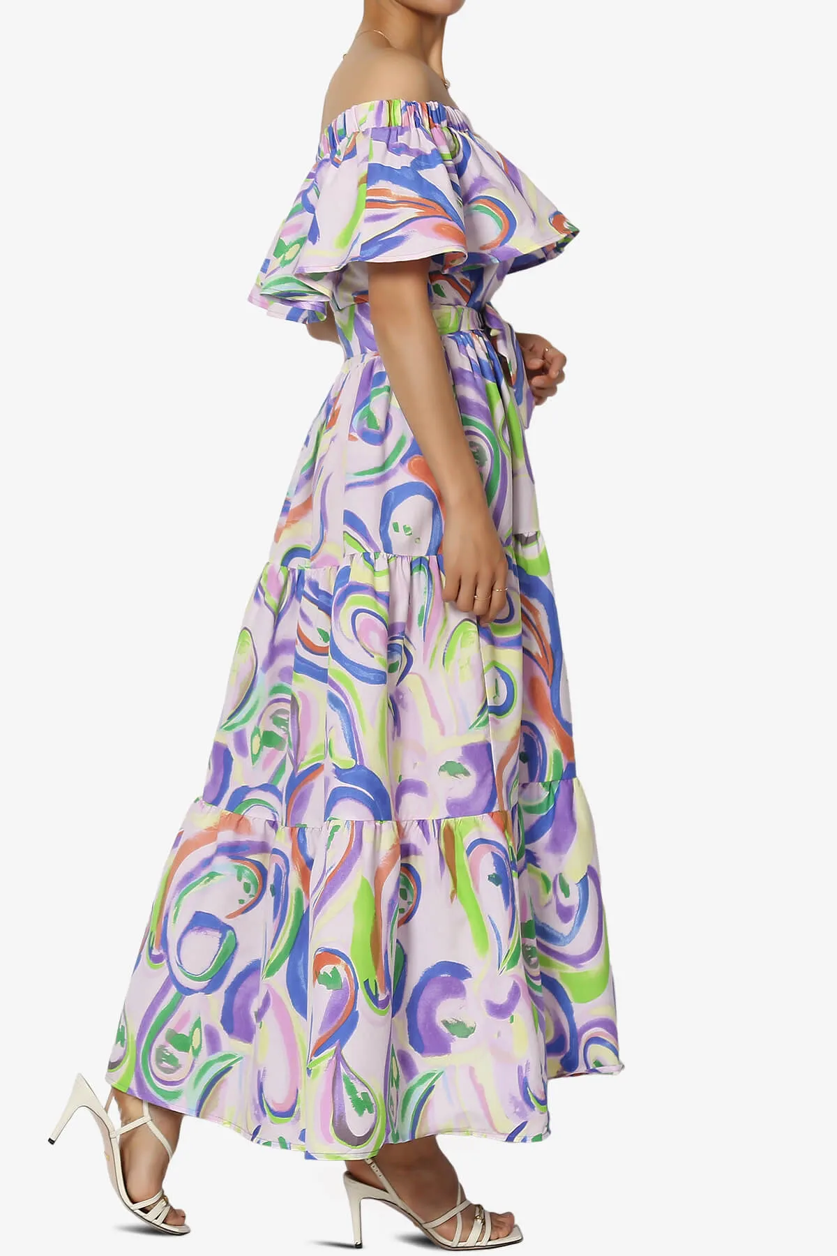 Kenny Ruffle Off Shoulder Floral Woven Long Dress in Dusty Lavender