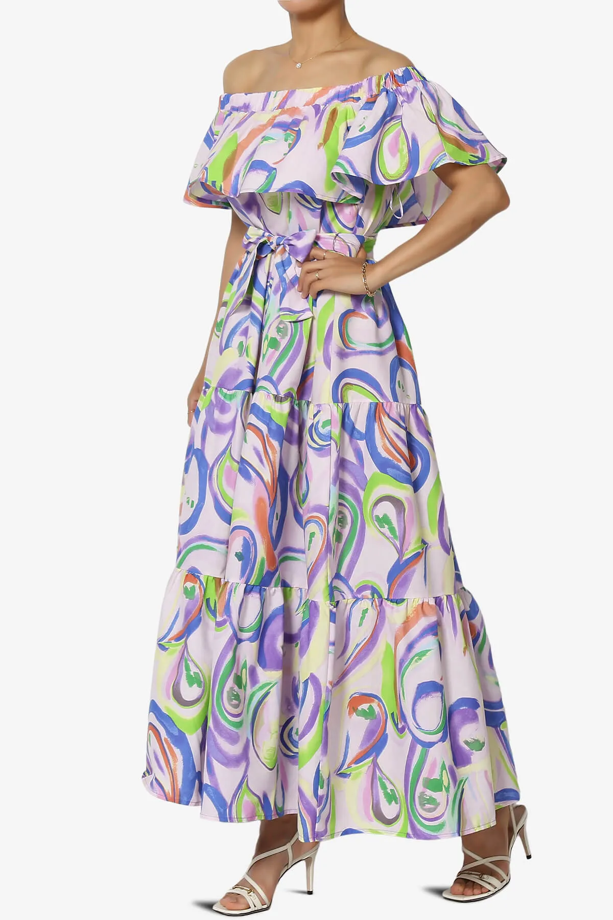 Kenny Ruffle Off Shoulder Floral Woven Long Dress in Dusty Lavender