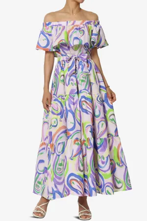 Kenny Ruffle Off Shoulder Floral Woven Long Dress in Dusty Lavender
