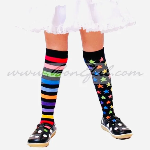 Knee Socks Kids 9-11 Rainbow Color Star Black Fashion