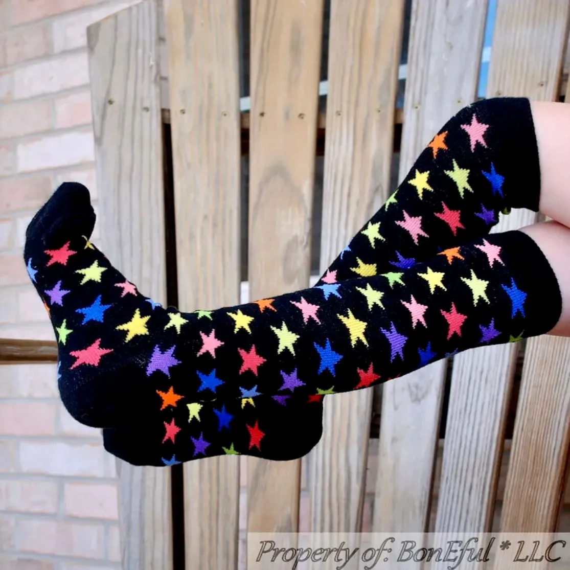 Knee Socks Kids 9-11 Rainbow Color Star Black Fashion