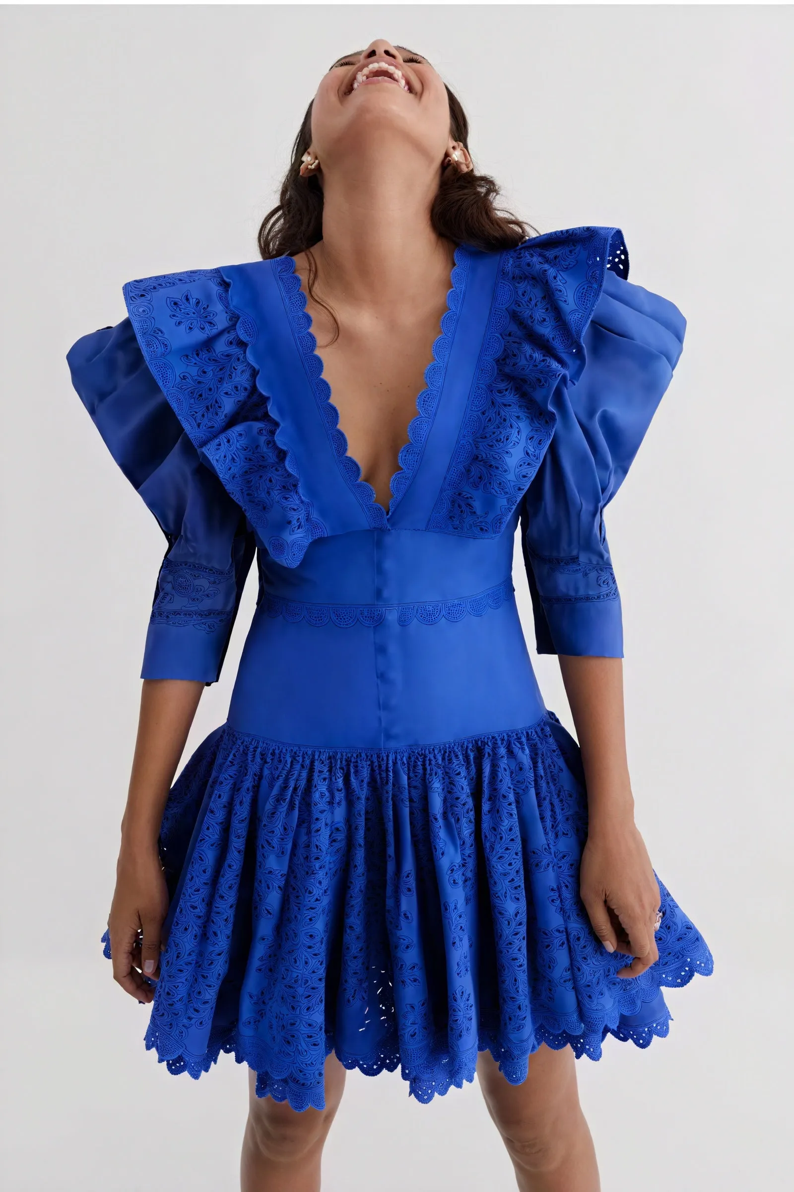 Laser-Cut Mini Dress with Oversized Collar