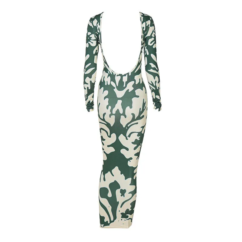 Long Sleeve Camo Print Backless Maxi Dress - Green