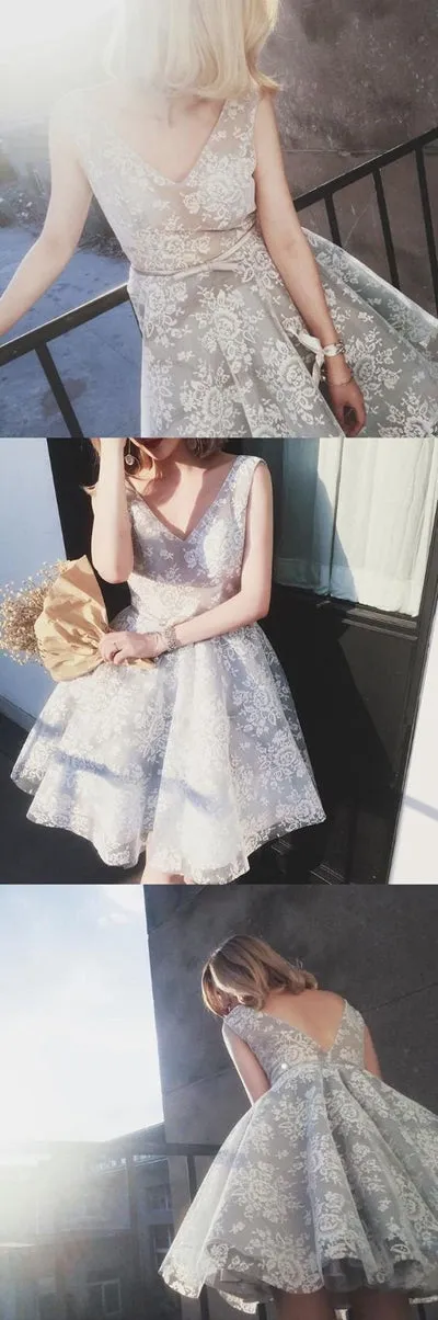 Lovely Cheap V Neck Unique Lace Short Prom Dress Homecoming Dresses, SH343