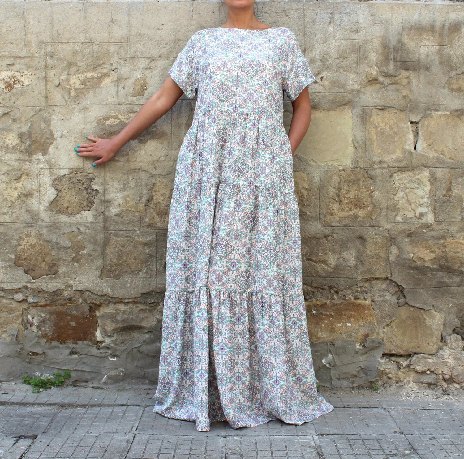 Maxi Dress, Summer Boho Dress, Summer Maxi Dress, Bohemian Maxi Dress, Boho Maternity Dress, Short Sleeve Flounce Dress