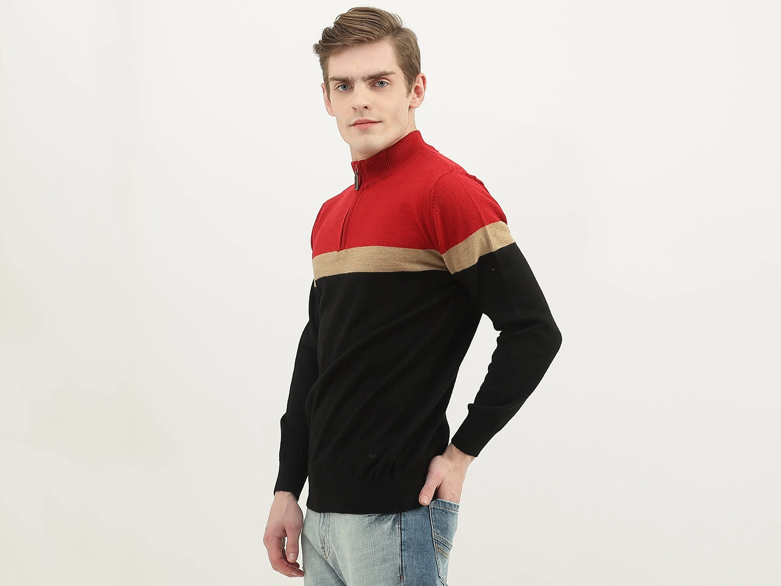 Men Colorblock High Neck Sweater
