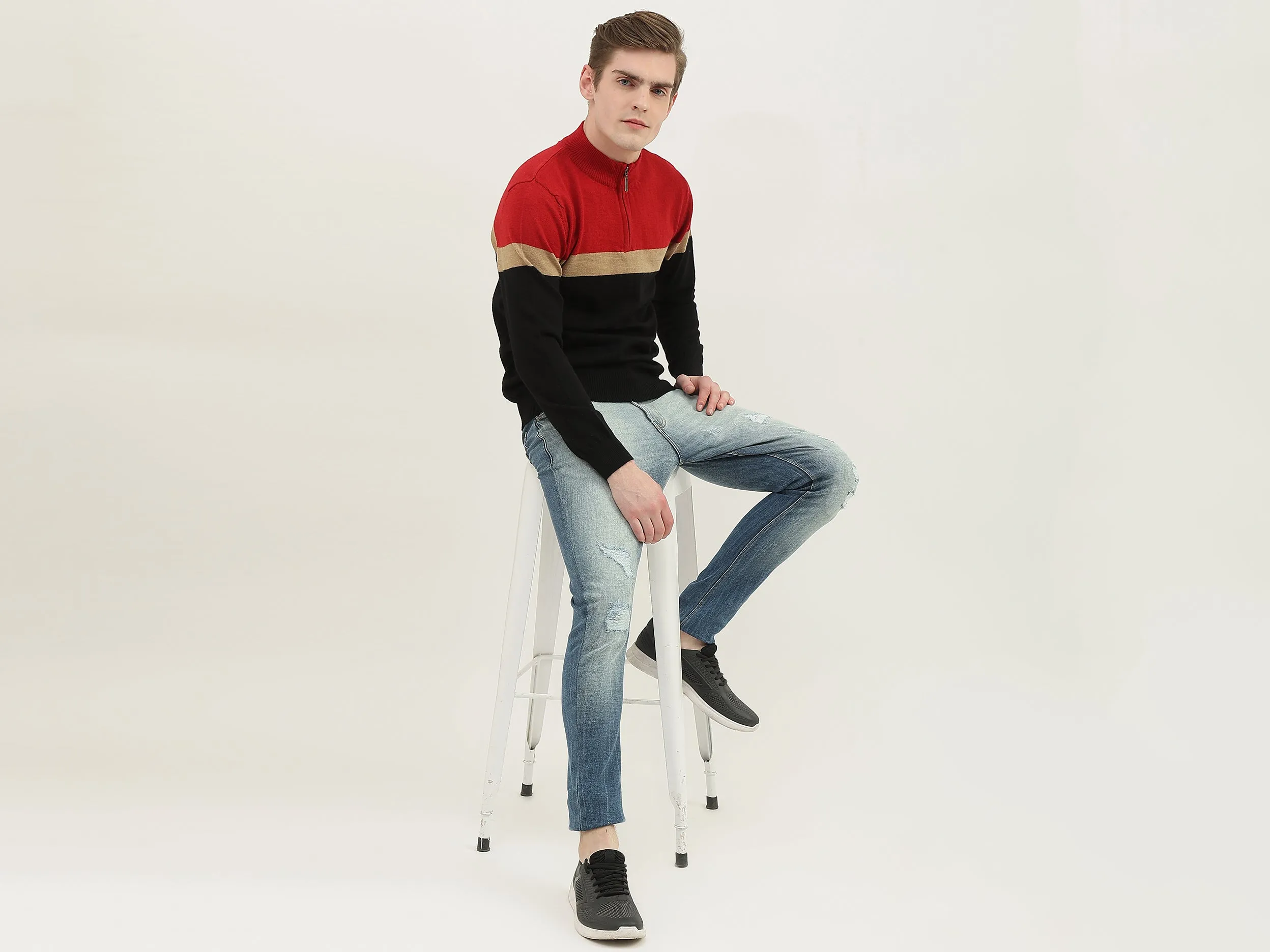 Men Colorblock High Neck Sweater