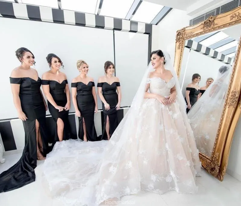Mermaid Off-the-Shoulder Long Black side split Unique Long Bridesmaid Dress, BD0474